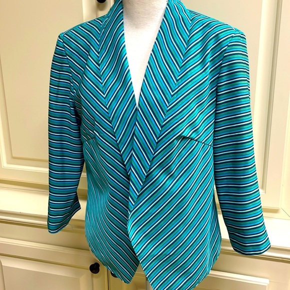 Lavender & Honey Striped Open Front Blazer Asymmetrical Jacket Teal Green Blue - Picture 5 of 6